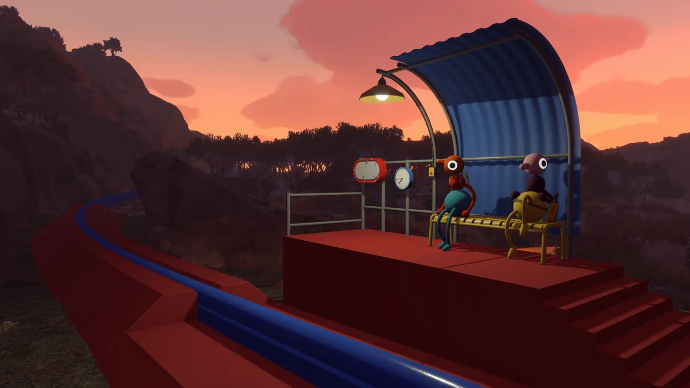 Two Big Walk characters sitting together on a bench at a small station, watching a sunset over red rock.