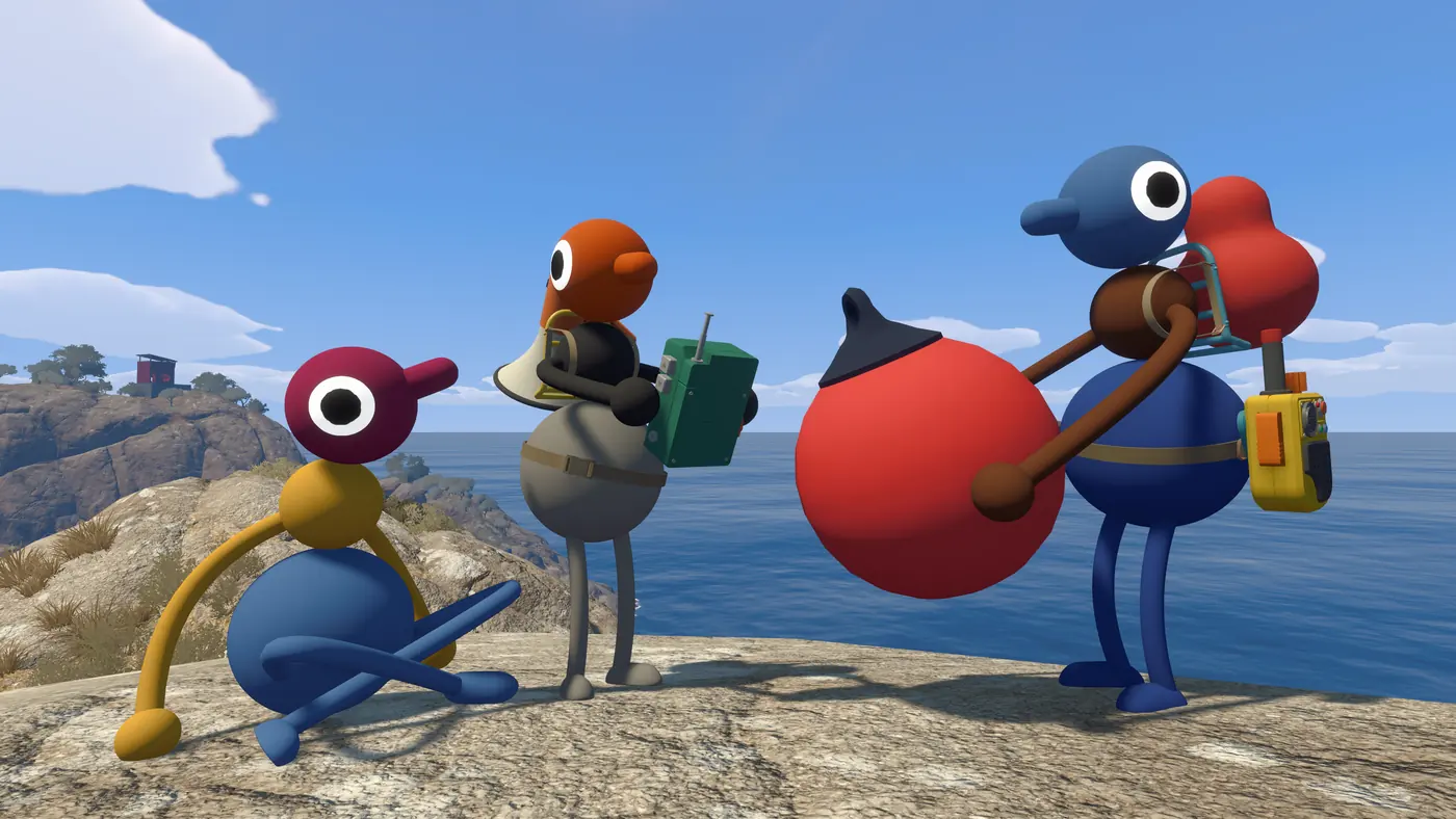 Four Big Walk characters standing on a granite headland above turquoise water, one holding a walkie-talkie and another a pair of binoculars.