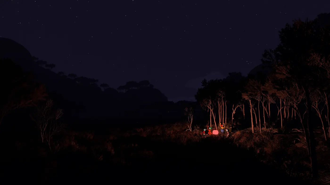 A vast dark landscape under stars, with a tiny cluster of Big Walk characters lit by a small fire in the distance.