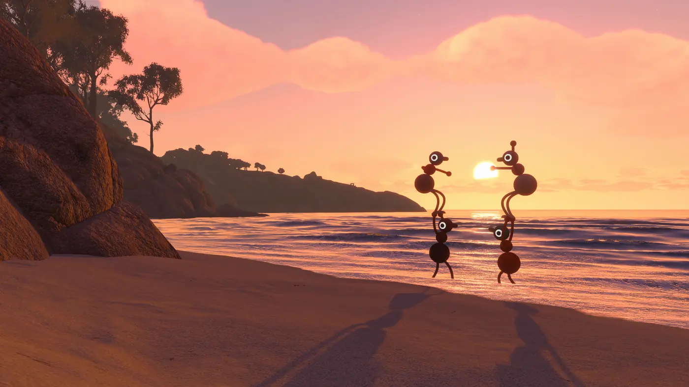Four Big Walk characters standing in shallow surf on a beach at sunset.